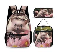 VFKLT 3 Pcs Backpack Set Cute Hedgehog in Flowers Travel Bag Portable Casual Daypack Sports Backpacks with Lunch Box Pencil Case, Cute Hedgehog in Flowers, One Size, Rucksack Backpacks
