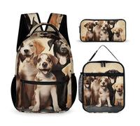 VFKLT 3 Pcs Backpack Set Dogs Happy Party Travel Bag Portable Casual Daypack Sports Backpacks with Lunch Box Pencil Case, Dogs Happy Party, One Size, Rucksack Backpacks
