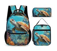 VFKLT 3 Pcs Backpack Set Dolphins Sea Turtle Coral Reef Travel Bag Portable Casual Daypack Sports Backpacks with Lunch Box Pencil Case, Dolphins Sea Turtle Coral Reef, One Size, Rucksack Backpacks