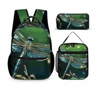 VFKLT 3 Pcs Backpack Set Dragonfly Green Travel Bag Portable Casual Daypack Sports Backpacks with Lunch Box Pencil Case, Dragonfly Green, One Size, Rucksack Backpacks
