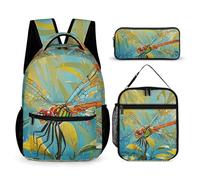VFKLT 3 Pcs Backpack Set Dragonfly Painting Travel Bag Portable Casual Daypack Sports Backpacks with Lunch Box Pencil Case, Dragonfly Painting, One Size, Rucksack Backpacks