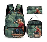 VFKLT 3 Pcs Backpack Set Fishing Lake Fishermen Travel Bag Portable Casual Daypack Sports Backpacks with Lunch Box Pencil Case, Fishing Lake Fishermen, One Size, Rucksack Backpacks
