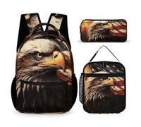 VFKLT 3 Pcs Backpack Set Flag And Eagle Travel Bag Portable Casual Daypack Sports Backpacks with Lunch Box Pencil Case, Flag and Eagle, One Size, Rucksack Backpacks
