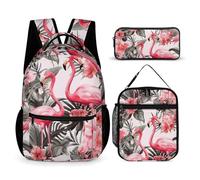 VFKLT 3 Pcs Backpack Set Flamingo Floral Printed Travel Bag Portable Casual Daypack Sports Backpacks with Lunch Box Pencil Case, Flamingo Floral Printed, One Size, Rucksack Backpacks