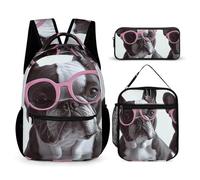 VFKLT 3 Pcs Backpack Set French Bulldog Pink Glasses Travel Bag Portable Casual Daypack Sports Backpacks with Lunch Box Pencil Case, French Bulldog Pink Glasses, One Size, Rucksack Backpacks