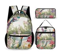 VFKLT 3 Pcs Backpack Set Garden with Birds And Flowers Travel Bag Portable Casual Daypack Sports Backpacks with Lunch Box Pencil Case, Garden With Birds and Flowers, One Size, Rucksack Backpacks