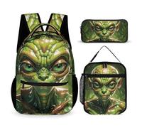 VFKLT 3 Pcs Backpack Set Green Alien Travel Bag Portable Casual Daypack Sports Backpacks with Lunch Box Pencil Case, Green Alien, One Size, Rucksack Backpacks