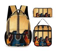 VFKLT 3 Pcs Backpack Set Guitar Collection Travel Bag Portable Casual Daypack Sports Backpacks with Lunch Box Pencil Case, Guitar Collection, One Size, Rucksack Backpacks