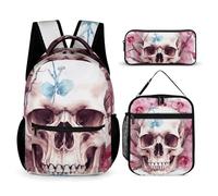 VFKLT 3 Pcs Backpack Set Human Skull Pink Flowers Travel Bag Portable Casual Daypack Sports Backpacks with Lunch Box Pencil Case, Human Skull Pink Flowers, One Size, Rucksack Backpacks
