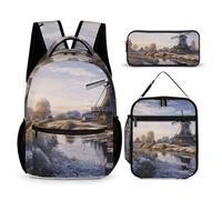 VFKLT 3 Pcs Backpack Set Landscape with A Traditional Windmill Travel Bag Portable Casual Daypack Sports Backpacks with Lunch Box Pencil Case, Landscape With a Traditional Windmill, One Size, Rucksack