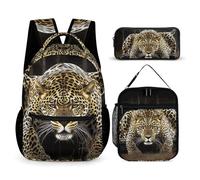 VFKLT 3 Pcs Backpack Set Leopard Travel Bag Portable Casual Daypack Sports Backpacks with Lunch Box Pencil Case, Leopard, One Size, Rucksack Backpacks
