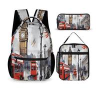 VFKLT 3 Pcs Backpack Set London Travel Bag Portable Casual Daypack Sports Backpacks with Lunch Box Pencil Case, London, One Size, Rucksack Backpacks