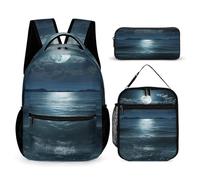 VFKLT 3 Pcs Backpack Set Moon And Sea Travel Bag Portable Casual Daypack Sports Backpacks with Lunch Box Pencil Case, Moon and Sea, One Size, Rucksack Backpacks
