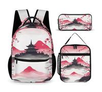 VFKLT 3 Pcs Backpack Set Mount Fuji with Cherry Travel Bag Portable Casual Daypack Sports Backpacks with Lunch Box Pencil Case, Mount Fuji With Cherry, One Size, Rucksack Backpacks