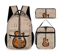 VFKLT 3 Pcs Backpack Set Musical Guitar Print Travel Bag Portable Casual Daypack Sports Backpacks with Lunch Box Pencil Case, Musical Guitar Print, One Size, Rucksack Backpacks