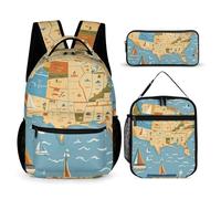 VFKLT 3 Pcs Backpack Set Nautical Sailboat Map Travel Bag Portable Casual Daypack Sports Backpacks with Lunch Box Pencil Case, Nautical Sailboat Map, One Size, Rucksack Backpacks