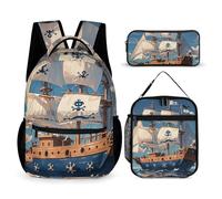 VFKLT 3 Pcs Backpack Set Nautical Sailing Pirate Theme Travel Bag Portable Casual Daypack Sports Backpacks with Lunch Box Pencil Case, Nautical Sailing Pirate Theme, One Size, Rucksack Backpacks