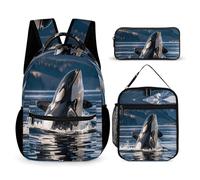 VFKLT 3 Pcs Backpack Set Orca Killer Whale Travel Bag Portable Casual Daypack Sports Backpacks with Lunch Box Pencil Case, Orca Killer Whale, One Size, Rucksack Backpacks