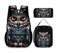 VFKLT 3 Pcs Backpack Set Owl Travel Bag Portable Casual Daypack Sports Backpacks with Lunch Box Pencil Case, Owl, One Size, Rucksack Backpacks