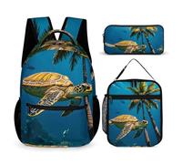 VFKLT 3 Pcs Backpack Set Palm Trees And Sea Turtles Diving Underwater Travel Bag Portable Casual Daypack Sports Backpacks with Lunch Box Pencil Case, Palm Trees and Sea Turtles Diving Underwater, One