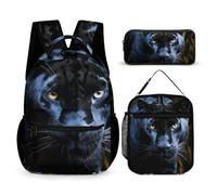 VFKLT 3 Pcs Backpack Set Panther With Blue Eyes Travel Bag Portable Casual Daypack Sports Backpacks with Lunch Box Pencil Case, Panther With Blue Eyes, One Size, Rucksack Backpacks