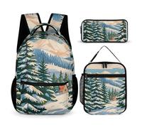 VFKLT 3 Pcs Backpack Set Pine Needle Tree Winter Landscape Print Travel Bag Portable Casual Daypack Sports Backpacks with Lunch Box Pencil Case, Pine Needle Tree Winter Landscape Print, One Size,
