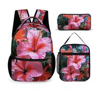 VFKLT 3 Pcs Backpack Set Pink Flower Tropical Plant Travel Bag Portable Casual Daypack Sports Backpacks with Lunch Box Pencil Case, Pink Flower Tropical Plant, One Size, Rucksack Backpacks