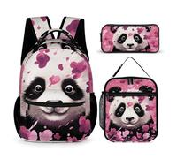 VFKLT 3 Pcs Backpack Set Pink Panda Cotton Travel Bag Portable Casual Daypack Sports Backpacks with Lunch Box Pencil Case, Pink Panda Cotton, One Size, Rucksack Backpacks