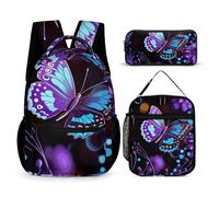 VFKLT 3 Pcs Backpack Set Purple Butterfly And Flowers Travel Bag Portable Casual Daypack Sports Backpacks with Lunch Box Pencil Case, Purple Butterfly and Flowers, One Size, Rucksack Backpacks