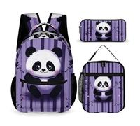 VFKLT 3 Pcs Backpack Set Purple Striped Panda Travel Bag Portable Casual Daypack Sports Backpacks with Lunch Box Pencil Case, Purple Striped Panda, One Size, Rucksack Backpacks