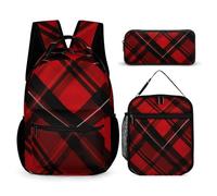 VFKLT 3 Pcs Backpack Set Red And Black Plaid Travel Bag Portable Casual Daypack Sports Backpacks with Lunch Box Pencil Case, Red and Black Plaid, One Size, Rucksack Backpacks