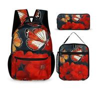 VFKLT 3 Pcs Backpack Set Red Flowers And Butterflies Travel Bag Portable Casual Daypack Sports Backpacks with Lunch Box Pencil Case, Red Flowers and Butterflies, One Size, Rucksack Backpacks