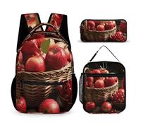 VFKLT 3 Pcs Backpack Set Red Fruit in A Basket Travel Bag Portable Casual Daypack Sports Backpacks with Lunch Box Pencil Case, Red Fruit in a Basket, One Size, Rucksack Backpacks
