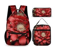 VFKLT 3 Pcs Backpack Set Red Gold Flower Travel Bag Portable Casual Daypack Sports Backpacks with Lunch Box Pencil Case, Red Gold Flower, One Size, Rucksack Backpacks