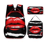 VFKLT 3 Pcs Backpack Set Red Lips Kiss Travel Bag Portable Casual Daypack Sports Backpacks with Lunch Box Pencil Case, Red Lips Kiss, One Size, Rucksack Backpacks