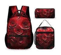 VFKLT 3 Pcs Backpack Set Red Rose Love Heart Travel Bag Portable Casual Daypack Sports Backpacks with Lunch Box Pencil Case, Red Rose Love Heart, One Size, Rucksack Backpacks