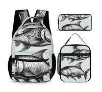 VFKLT 3 Pcs Backpack Set Sketch Fish Travel Bag Portable Casual Daypack Sports Backpacks with Lunch Box Pencil Case, Sketch Fish, One Size, Rucksack Backpacks