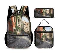 VFKLT 3 Pcs Backpack Set Street of Italy Travel Bag Portable Casual Daypack Sports Backpacks with Lunch Box Pencil Case, Street of Italy, One Size, Rucksack Backpacks