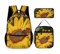 VFKLT 3 Pcs Backpack Set Sunflower Bees Travel Bag Portable Casual Daypack Sports Backpacks with Lunch Box Pencil Case, Sunflower Bees, One Size, Rucksack Backpacks