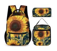 VFKLT 3 Pcs Backpack Set Sunflowers Heart Travel Bag Portable Casual Daypack Sports Backpacks with Lunch Box Pencil Case, Sunflowers Heart, One Size, Rucksack Backpacks