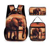 VFKLT 3 Pcs Backpack Set Sunset Elephant Travel Bag Portable Casual Daypack Sports Backpacks with Lunch Box Pencil Case, Sunset Elephant, One Size, Rucksack Backpacks