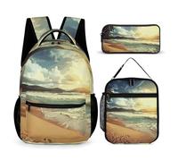 VFKLT 3 Pcs Backpack Set Sunset on The Beach Travel Bag Portable Casual Daypack Sports Backpacks with Lunch Box Pencil Case, Sunset on the Beach, One Size, Rucksack Backpacks