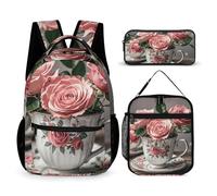 VFKLT 3 Pcs Backpack Set Tea Cups with Roses Romantic Shabby Travel Bag Portable Casual Daypack Sports Backpacks with Lunch Box Pencil Case, Tea Cups With Roses Romantic Shabby, One Size, Rucksack