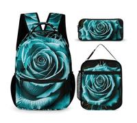 VFKLT 3 Pcs Backpack Set Teal Gray Rose Travel Bag Portable Casual Daypack Sports Backpacks with Lunch Box Pencil Case, Teal Gray Rose, One Size, Rucksack Backpacks
