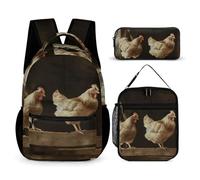 VFKLT 3 Pcs Backpack Set Three Chickens Travel Bag Portable Casual Daypack Sports Backpacks with Lunch Box Pencil Case, Three Chickens, One Size, Rucksack Backpacks