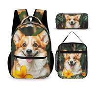 VFKLT 3 Pcs Backpack Set Tropical Flower And Corgi Travel Bag Portable Casual Daypack Sports Backpacks with Lunch Box Pencil Case, Tropical Flower and Corgi, One Size, Rucksack Backpacks