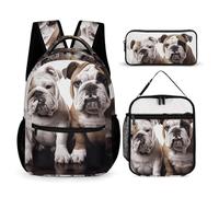 VFKLT 3 Pcs Backpack Set Two Cute Bulldog Dogs Travel Bag Portable Casual Daypack Sports Backpacks with Lunch Box Pencil Case, Two Cute Bulldog Dogs, One Size, Rucksack Backpacks