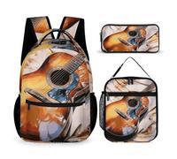 VFKLT 3 Pcs Backpack Set Watercolor Acoustic Guitar Travel Bag Portable Casual Daypack Sports Backpacks with Lunch Box Pencil Case, Watercolor Acoustic Guitar, One Size, Rucksack Backpacks
