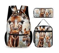 VFKLT 3 Pcs Backpack Set Watercolor Deer Giraffe Travel Bag Portable Casual Daypack Sports Backpacks with Lunch Box Pencil Case, Watercolor Deer Giraffe, One Size, Rucksack Backpacks