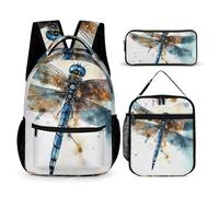 VFKLT 3 Pcs Backpack Set Watercolour Dragonfly Travel Bag Portable Casual Daypack Sports Backpacks with Lunch Box Pencil Case, Watercolour Dragonfly, One Size, Rucksack Backpacks